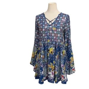 Umgee babydoll mini dress floral criss cross neck bell sleeve blue multi…